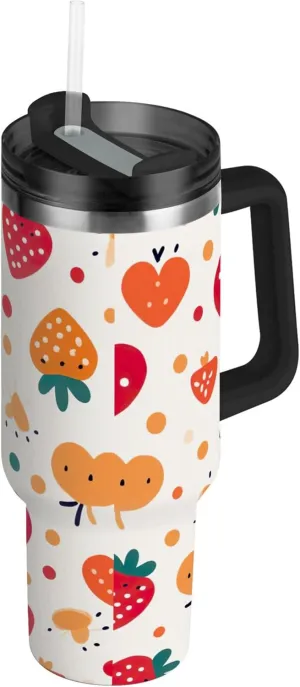 xigua 30 oz Cartoon Strawberry Tumbler with Handle and Straw Lid, Stainless Steel Vacuum Insulated Sports Water Bottle, Keeps Cold or Hot Coffee Cup Travel Mug