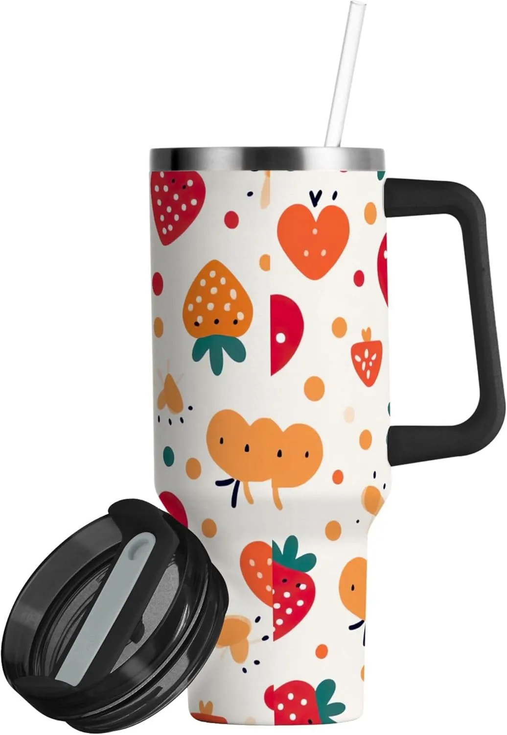 xigua 30 oz Cartoon Strawberry Tumbler with Handle and Straw Lid, Stainless Steel Vacuum Insulated Sports Water Bottle, Keeps Cold or Hot Coffee Cup Travel Mug