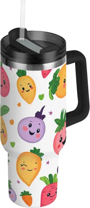 xigua 30 oz Cartoon Vegetables Tumbler with Handle and Straw Lid, Stainless Steel Vacuum Insulated Sports Water Bottle, Keeps Cold or Hot Coffee Cup Travel Mug