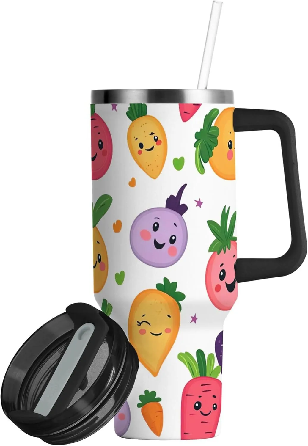 xigua 30 oz Cartoon Vegetables Tumbler with Handle and Straw Lid, Stainless Steel Vacuum Insulated Sports Water Bottle, Keeps Cold or Hot Coffee Cup Travel Mug