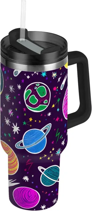 xigua 30 oz Colorful Planets Tumbler with Handle and Straw Lid, Stainless Steel Vacuum Insulated Sports Water Bottle, Keeps Cold or Hot Coffee Cup Travel Mug