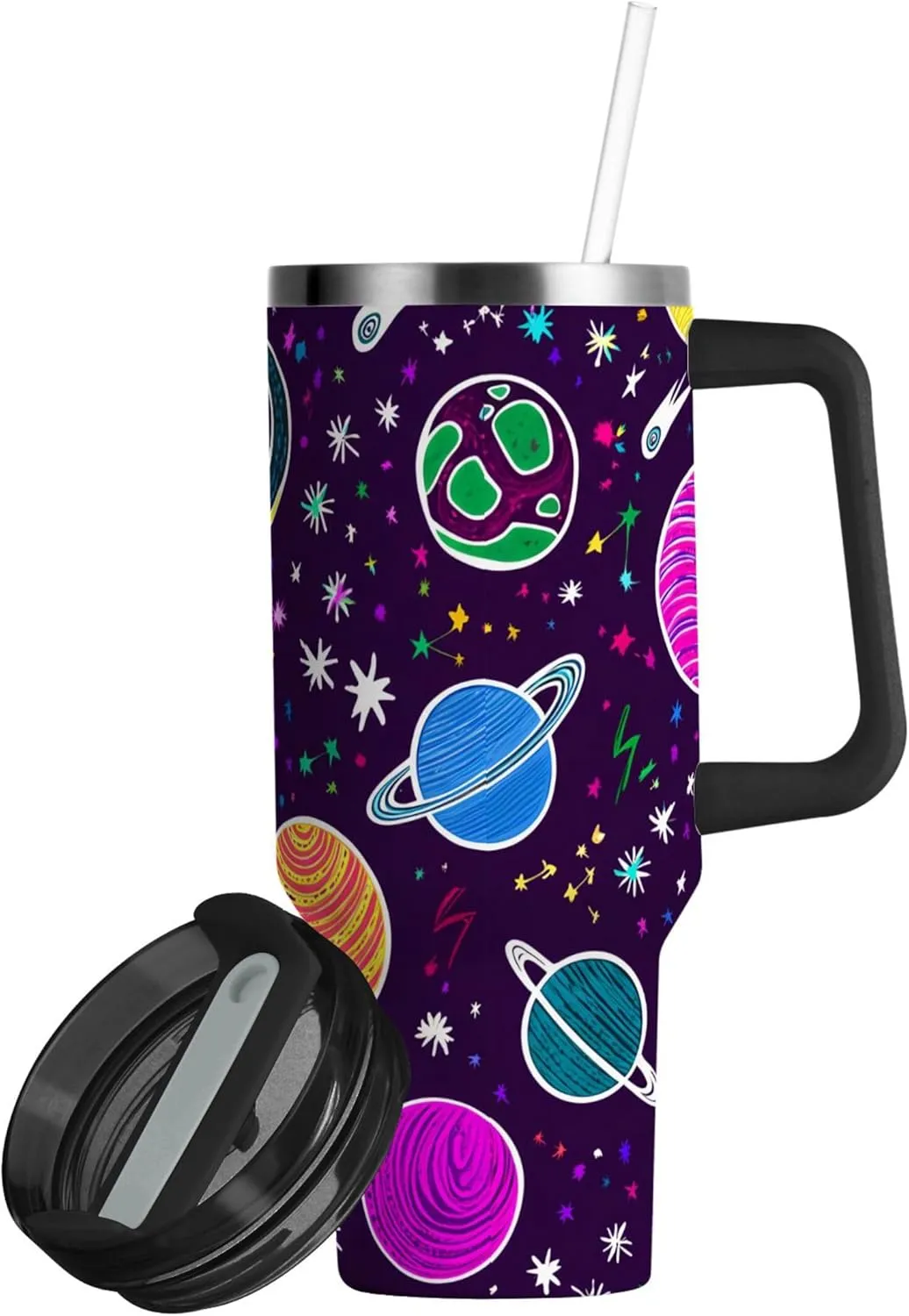 xigua 30 oz Colorful Planets Tumbler with Handle and Straw Lid, Stainless Steel Vacuum Insulated Sports Water Bottle, Keeps Cold or Hot Coffee Cup Travel Mug