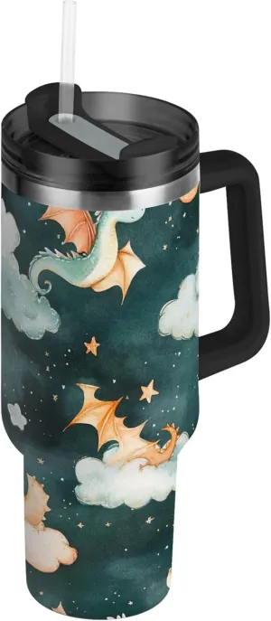 xigua 30 oz Cute Dragons Tumbler with Handle and Straw Lid, Stainless Steel Vacuum Insulated Sports Water Bottle, Keeps Cold or Hot Coffee Cup Travel Mug