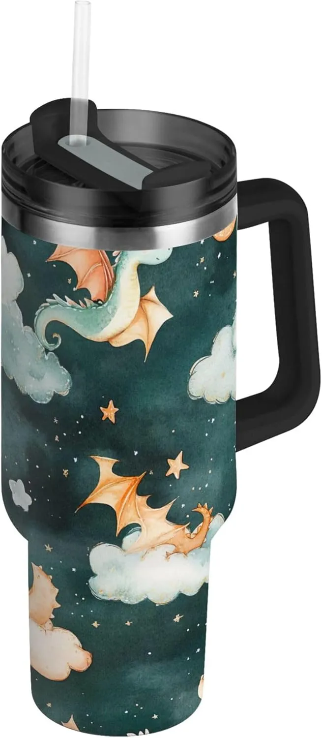 xigua 30 oz Cute Dragons Tumbler with Handle and Straw Lid, Stainless Steel Vacuum Insulated Sports Water Bottle, Keeps Cold or Hot Coffee Cup Travel Mug