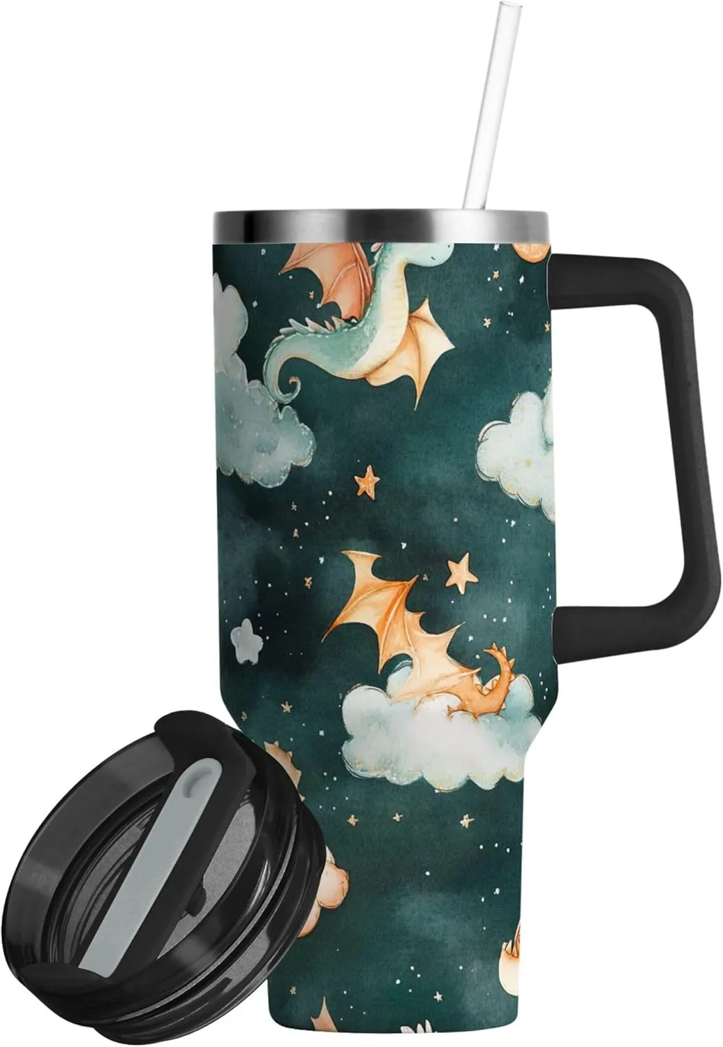 xigua 30 oz Cute Dragons Tumbler with Handle and Straw Lid, Stainless Steel Vacuum Insulated Sports Water Bottle, Keeps Cold or Hot Coffee Cup Travel Mug