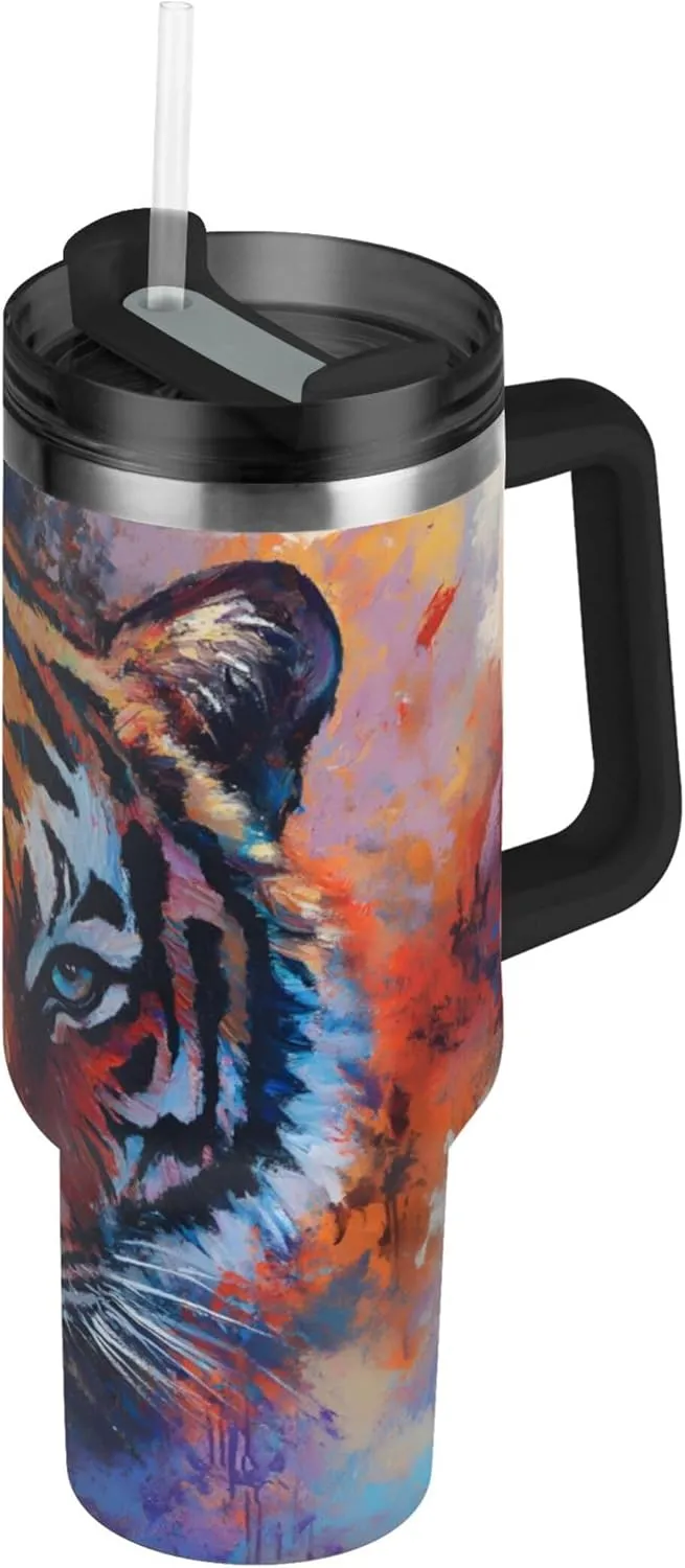 xigua 30 oz Tiger Face Tumbler with Handle and Straw Lid, Stainless Steel Vacuum Insulated Sports Water Bottle, Keeps Cold or Hot Coffee Cup Travel Mug
