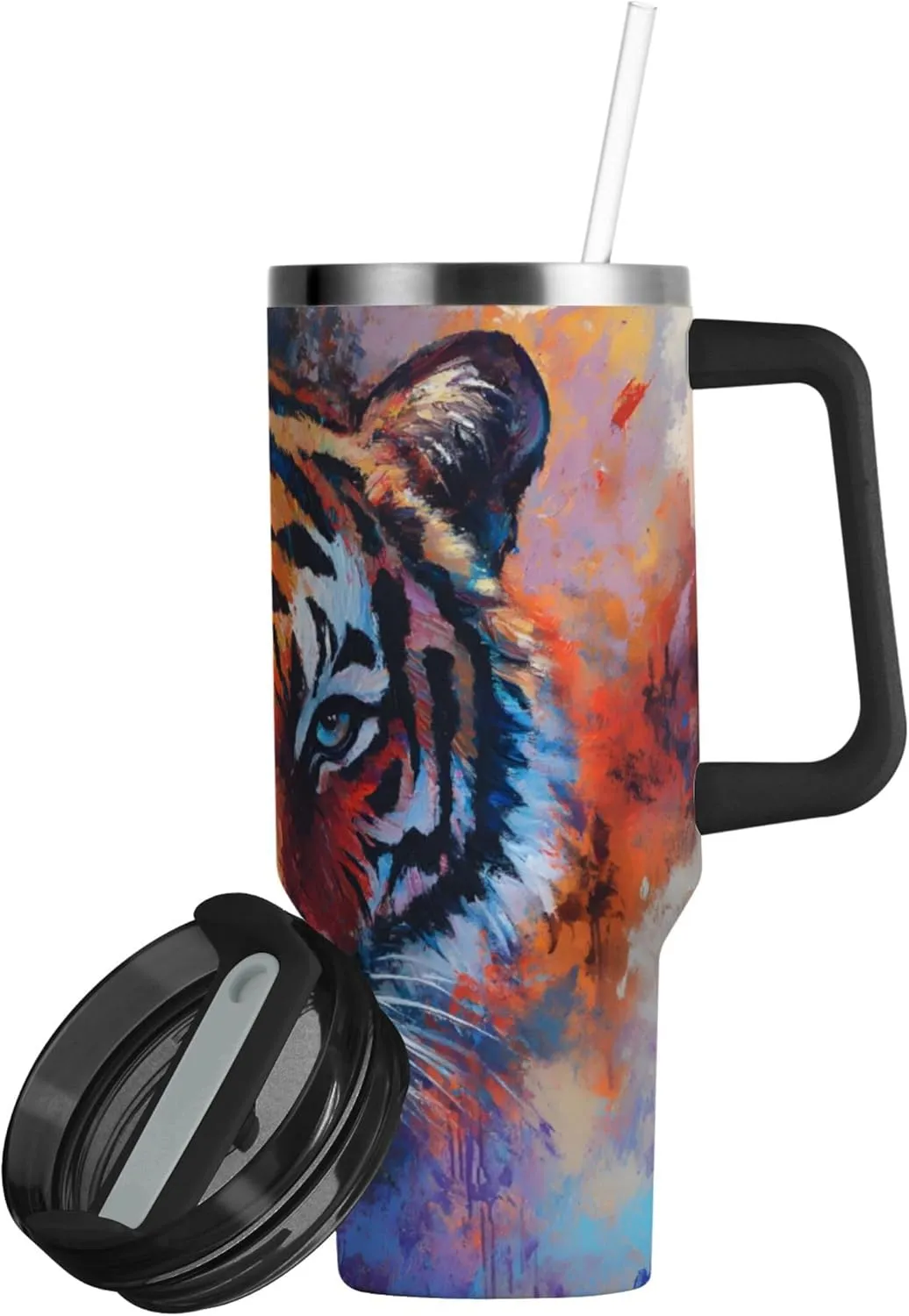 xigua 30 oz Tiger Face Tumbler with Handle and Straw Lid, Stainless Steel Vacuum Insulated Sports Water Bottle, Keeps Cold or Hot Coffee Cup Travel Mug