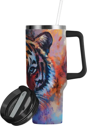 xigua 30 oz Tiger Face Tumbler with Handle and Straw Lid, Stainless Steel Vacuum Insulated Sports Water Bottle, Keeps Cold or Hot Coffee Cup Travel Mug