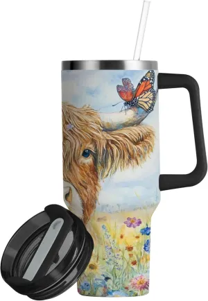 xigua 30 oz Watercolor Highland Cow Tumbler with Handle and Straw Lid, Stainless Steel Vacuum Insulated Sports Water Bottle, Keeps Cold or Hot Coffee Cup Travel Mug