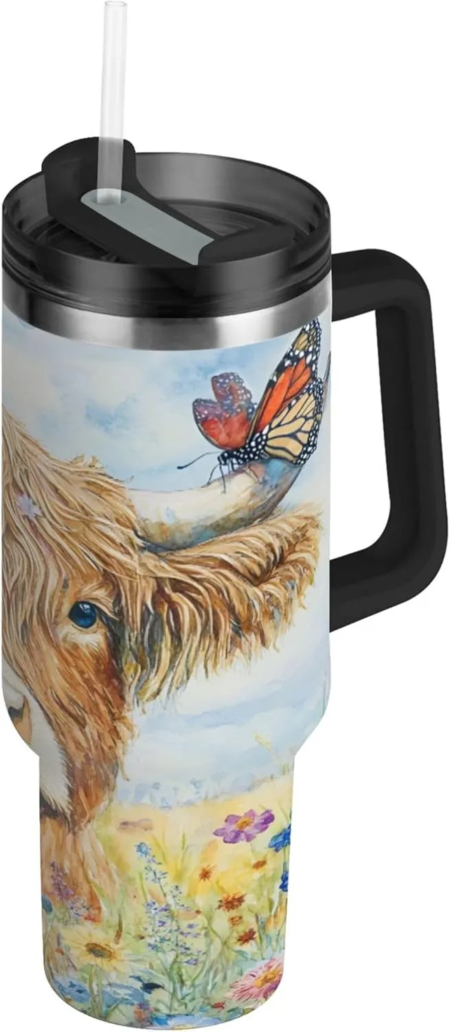 xigua 30 oz Watercolor Highland Cow Tumbler with Handle and Straw Lid, Stainless Steel Vacuum Insulated Sports Water Bottle, Keeps Cold or Hot Coffee Cup Travel Mug
