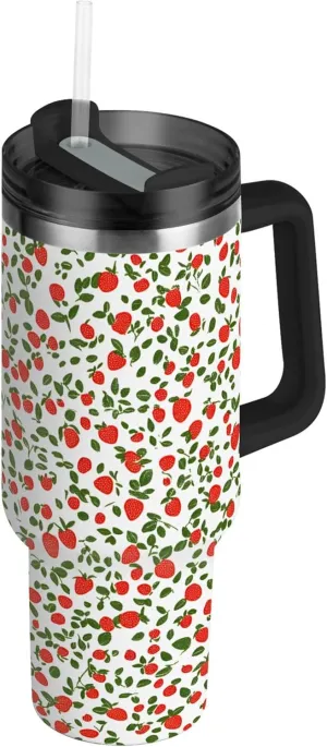 xigua 40 oz Strawberry Tumbler with Handle and Straw Lid, Stainless Steel Vacuum Insulated Sports Water Bottle, Keeps Cold or Hot Coffee Cup Travel Mug