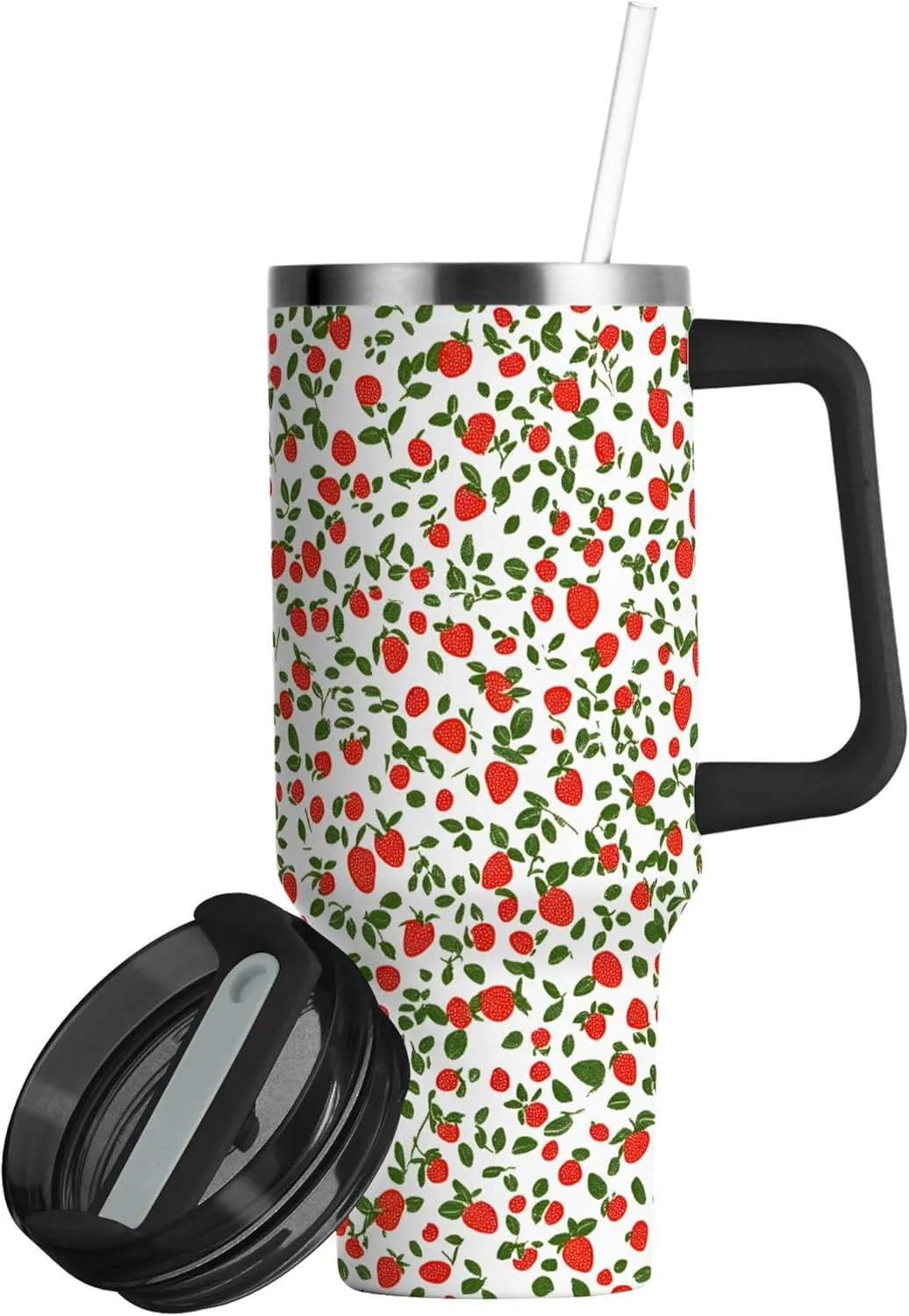 xigua 40 oz Strawberry Tumbler with Handle and Straw Lid, Stainless Steel Vacuum Insulated Sports Water Bottle, Keeps Cold or Hot Coffee Cup Travel Mug