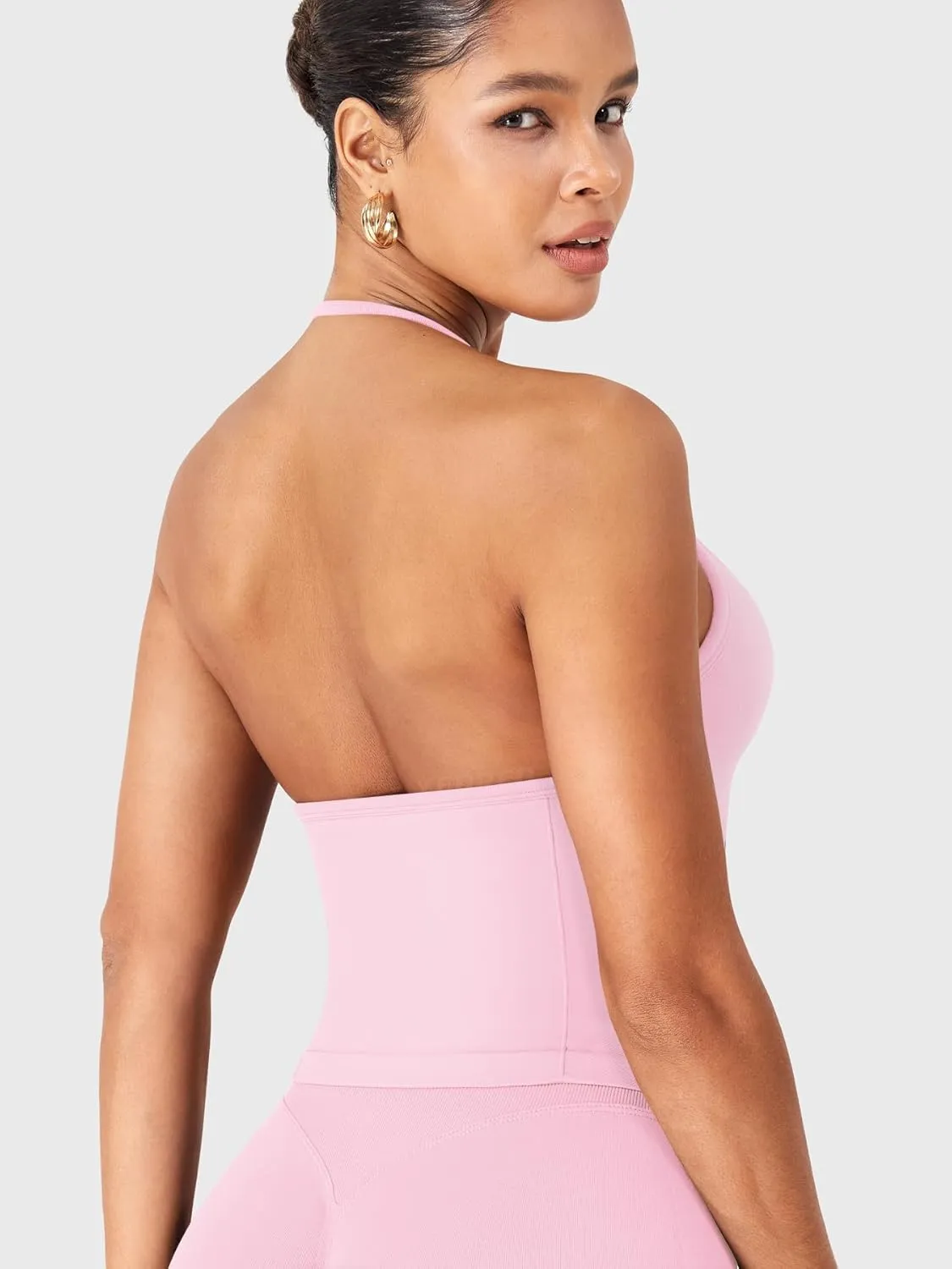 YEOREO SoftHue Impact Longline Strappy Top Women's Halter Workout Tank Tops Backless Gym Longline with Adjustable Strap