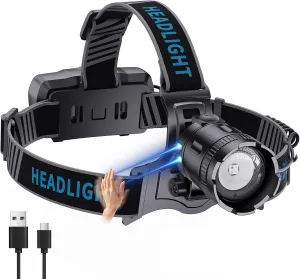YNYS Fishing Waterproof Headlamp Rechargeable, 2000 Lumens 4 Colors UV HeadLamps LED, Zoomable Super Bright Headlights with Motion Sensor & 90° for Adults Forehead, Fishing, Working, Camping, Hunting