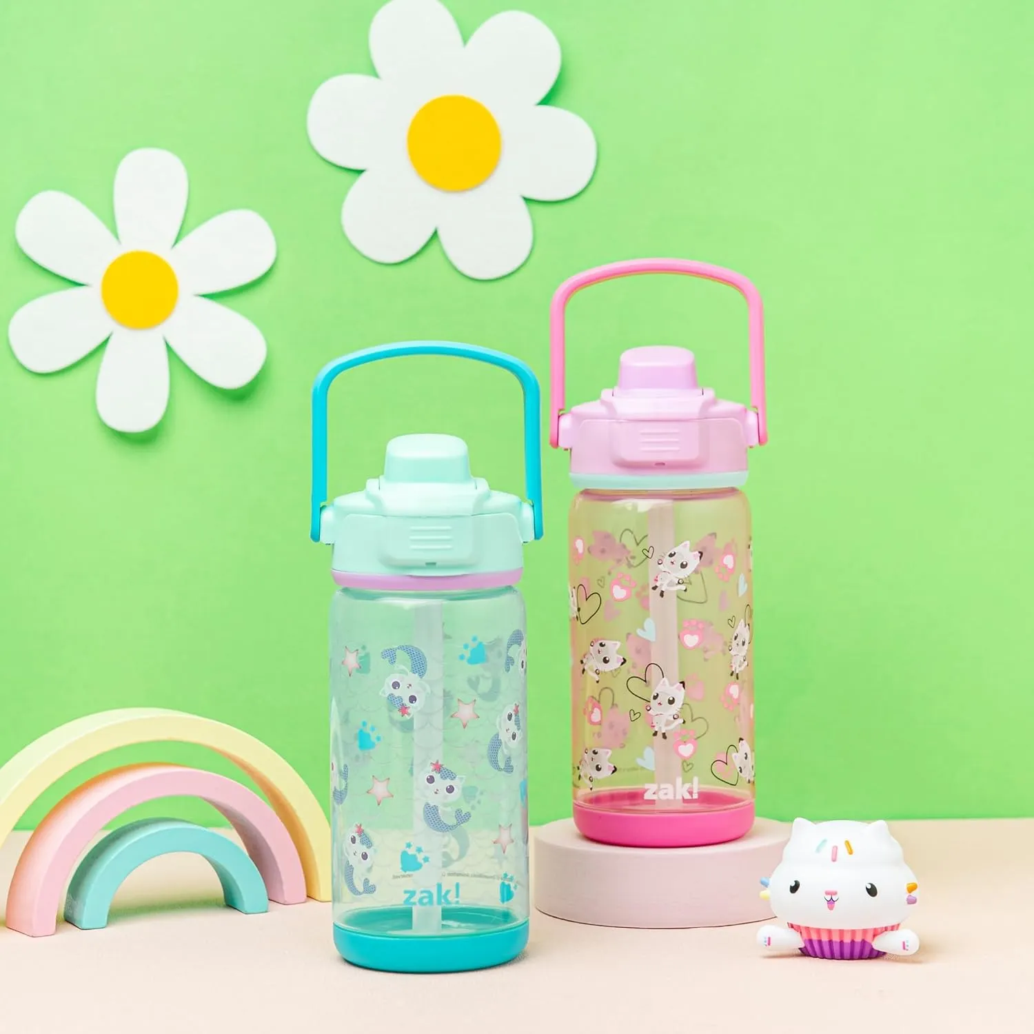 Zak Designs DreamWorks Gabby's Dollhouse Kid Water Bottle 2-Pack Set for Travel, 16oz Plastic is Durable and Leak-Proof with Silicone Spout, Cover, Handle, Protective Base (Pandy Paws, Mercat)
