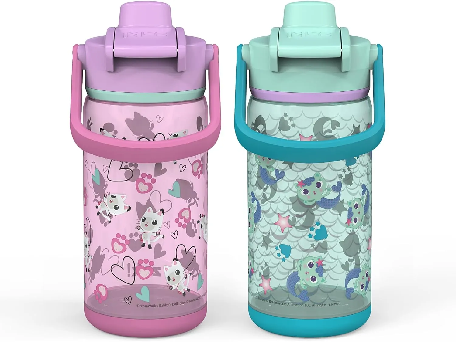 Zak Designs DreamWorks Gabby's Dollhouse Kid Water Bottle 2-Pack Set for Travel, 16oz Plastic is Durable and Leak-Proof with Silicone Spout, Cover, Handle, Protective Base (Pandy Paws, Mercat)