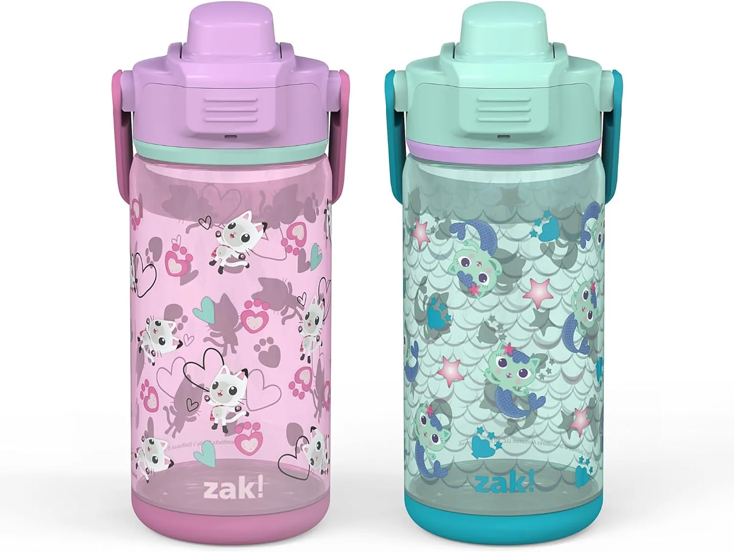 Zak Designs DreamWorks Gabby's Dollhouse Kid Water Bottle 2-Pack Set for Travel, 16oz Plastic is Durable and Leak-Proof with Silicone Spout, Cover, Handle, Protective Base (Pandy Paws, Mercat)
