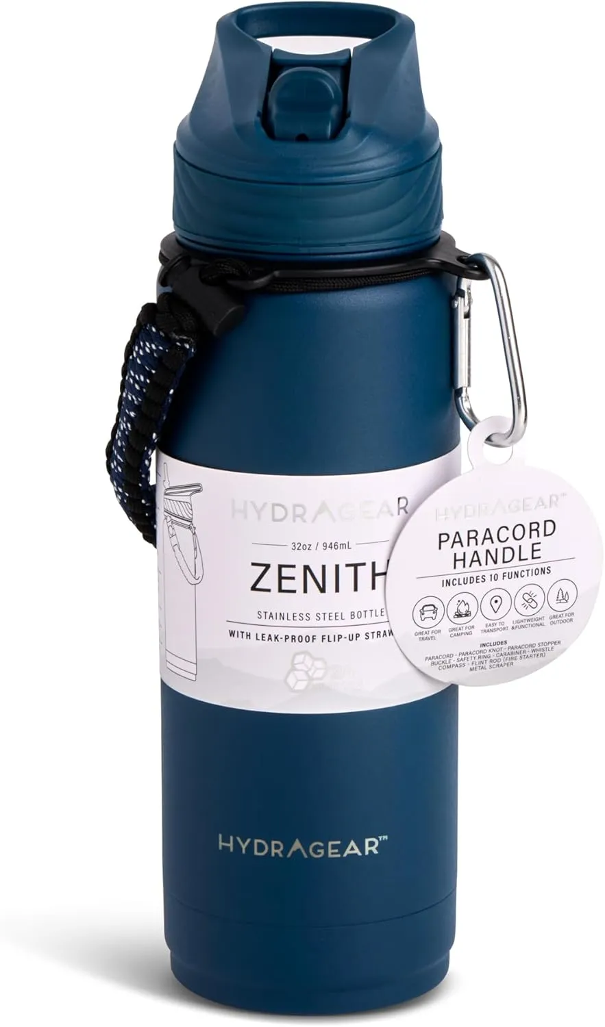 Zenith Straw Stainless Steel Bottle with Carabiner, Compass, Signal Whistle, and Fire Starter - 32 Oz - Navy Powder Coat