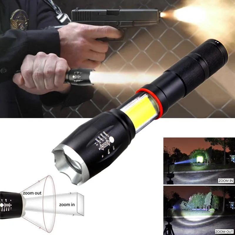Zoomable Flashlight 4 mode T6 Convex Lens Tactical Torch COB LED Waterproof Flash light Tail Magnet Powered By 18650/AAA Battery
