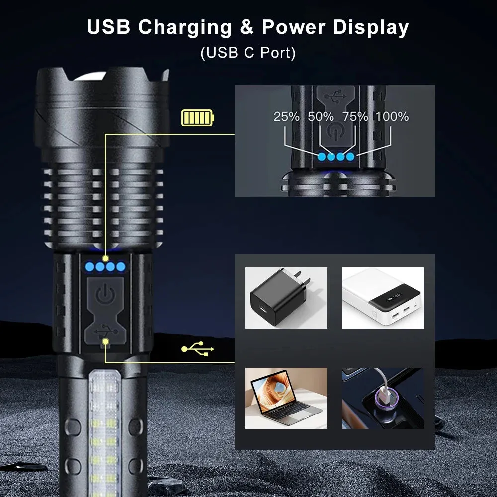 Zoomable Super Bright 30W 7Mode LED  Flashlight Portable Rechargeable Outdoor Lamp with Built in Battery