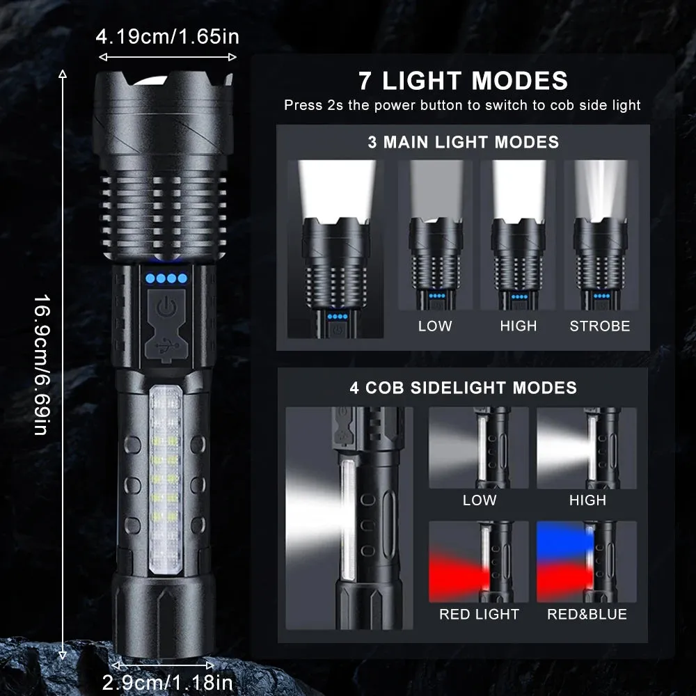 Zoomable Super Bright 30W 7Mode LED  Flashlight Portable Rechargeable Outdoor Lamp with Built in Battery