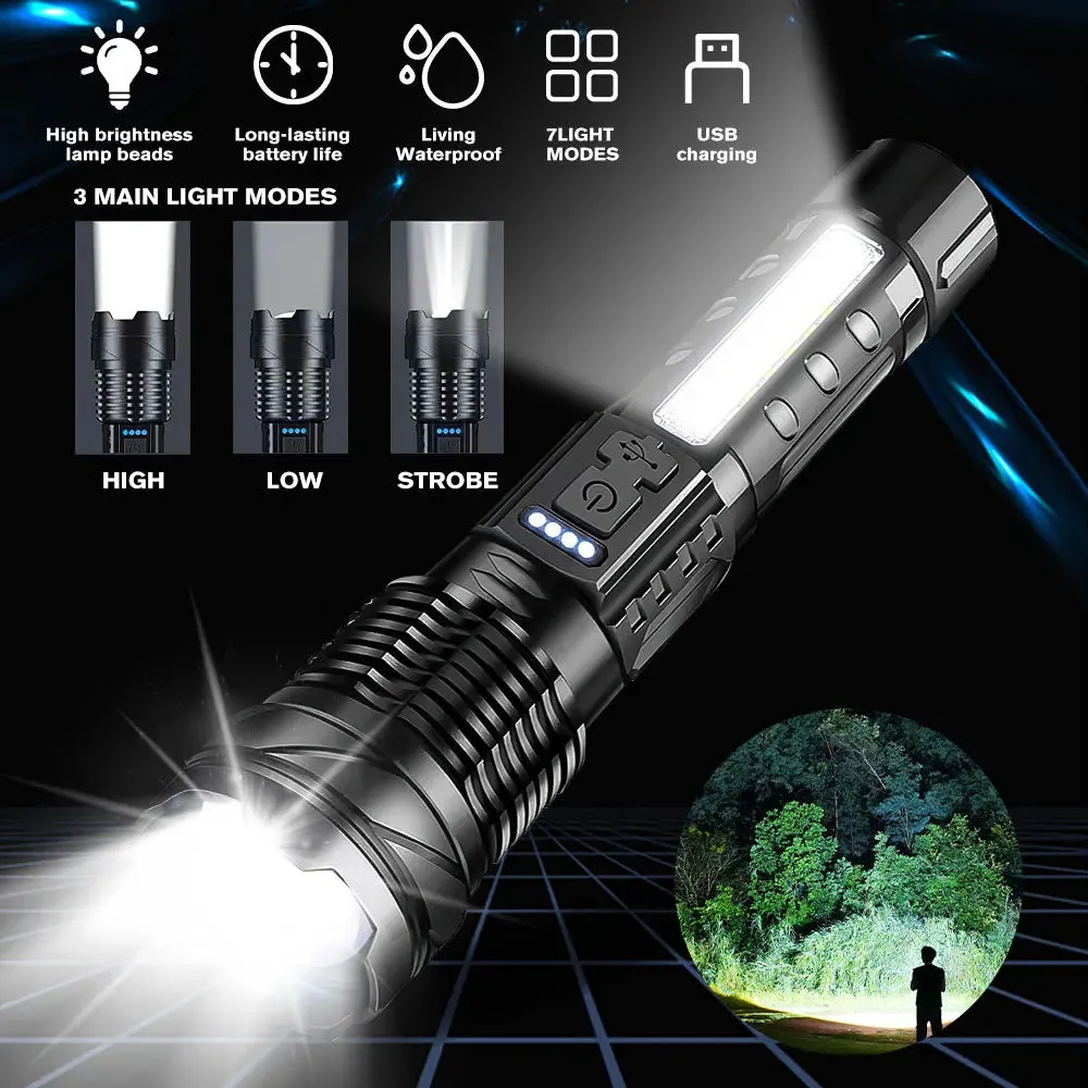 Zoomable Super Bright 30W 7Mode LED  Flashlight Portable Rechargeable Outdoor Lamp with Built in Battery