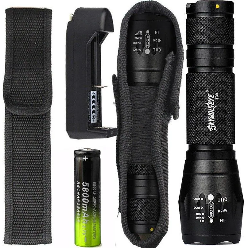 Zoomable T6 LED Flashlight Torch Super Bright 4000 Lumens Tactical Flashlight 18650 Battery Charger Holster Bicycle Light 40OT11